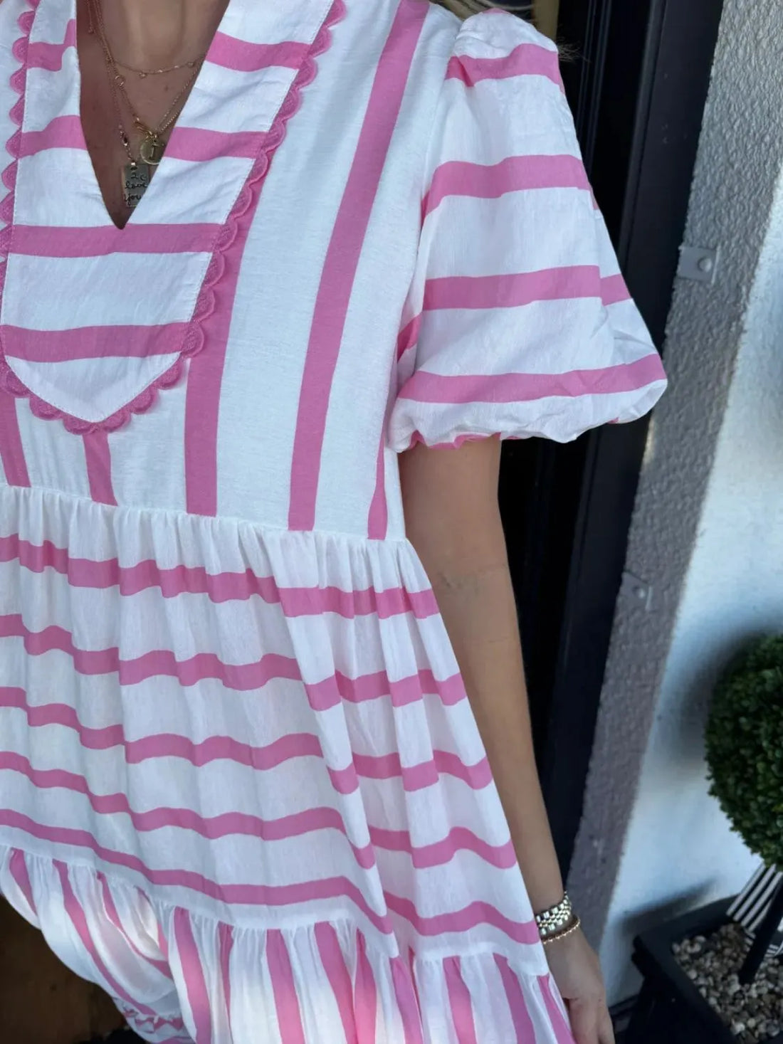Striped Notched Puff Sleeve Midi Dress - Velora Luxury Fashion