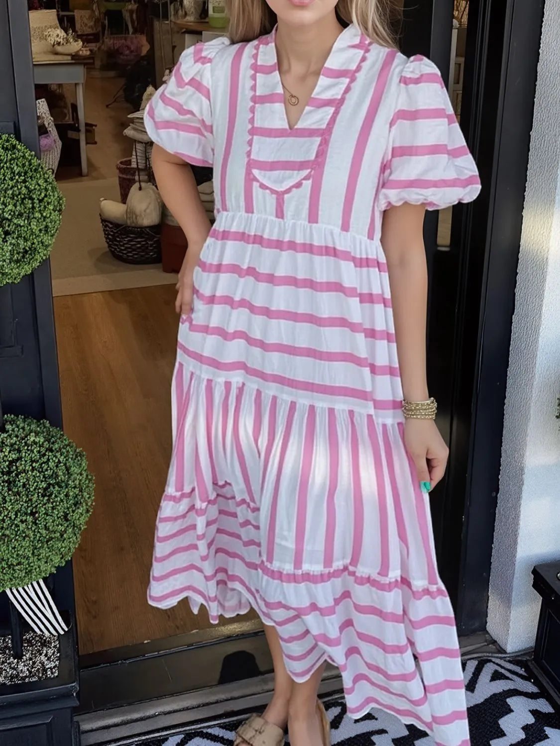 Striped Notched Puff Sleeve Midi Dress - Velora