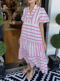 Striped Notched Puff Sleeve Midi Dress - Velora Luxury Fashion
