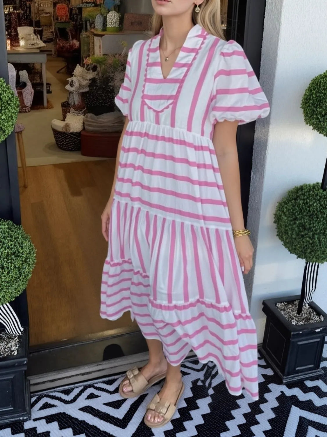 Striped Notched Puff Sleeve Midi Dress - Velora