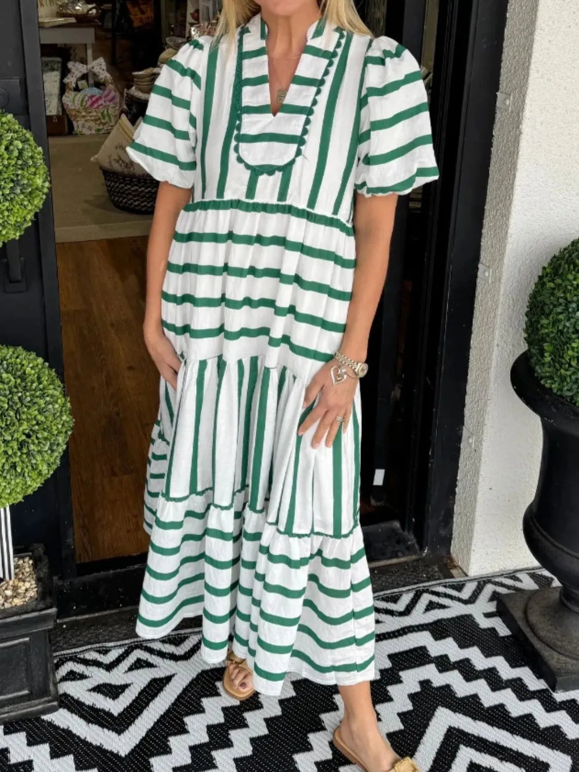 Striped Notched Puff Sleeve Midi Dress - Velora