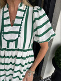 Striped Notched Puff Sleeve Midi Dress - Velora Luxury Fashion