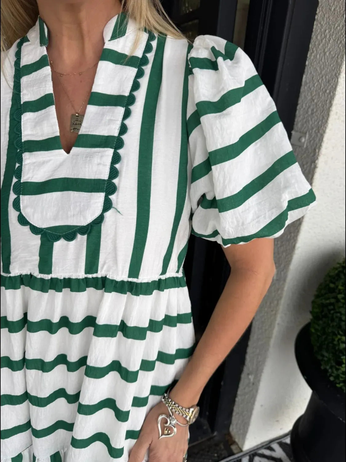 Striped Notched Puff Sleeve Midi Dress - Velora