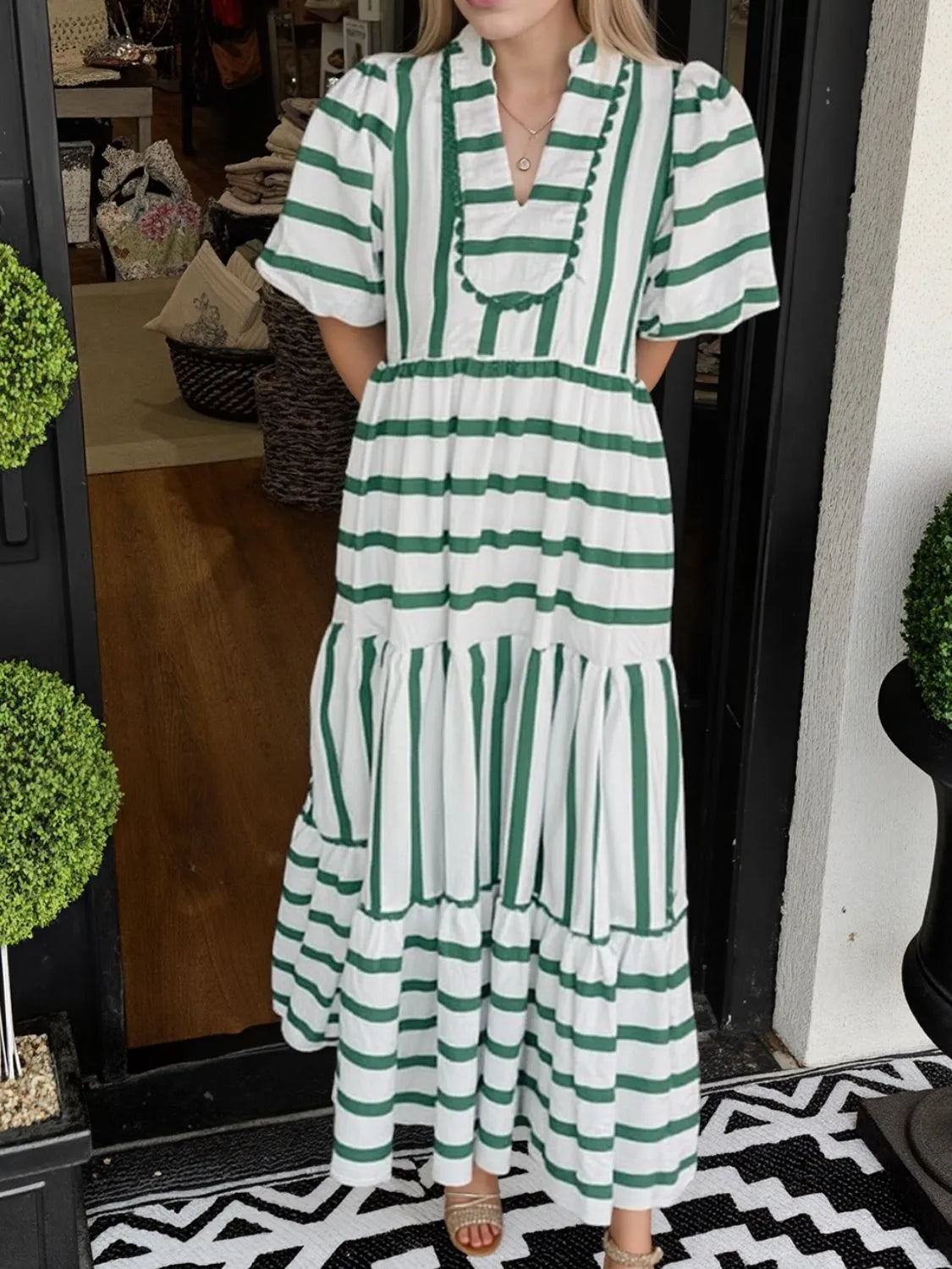 Striped Notched Puff Sleeve Midi Dress - Velora