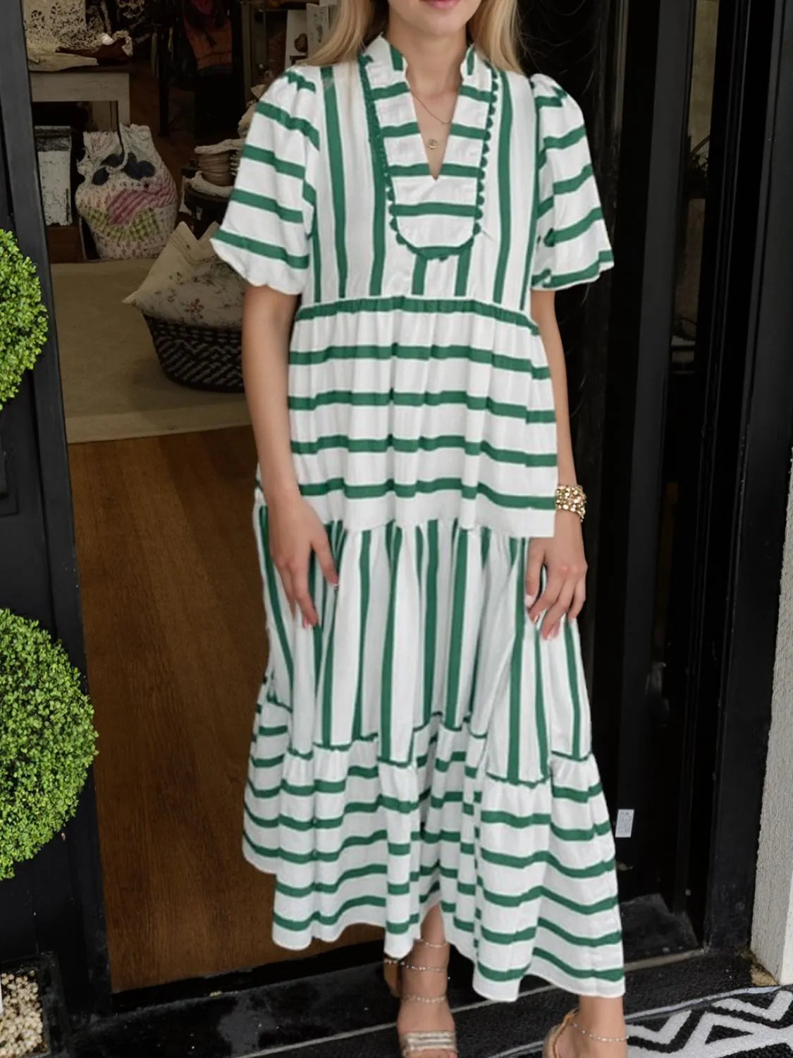 Striped Notched Puff Sleeve Midi Dress - Velora