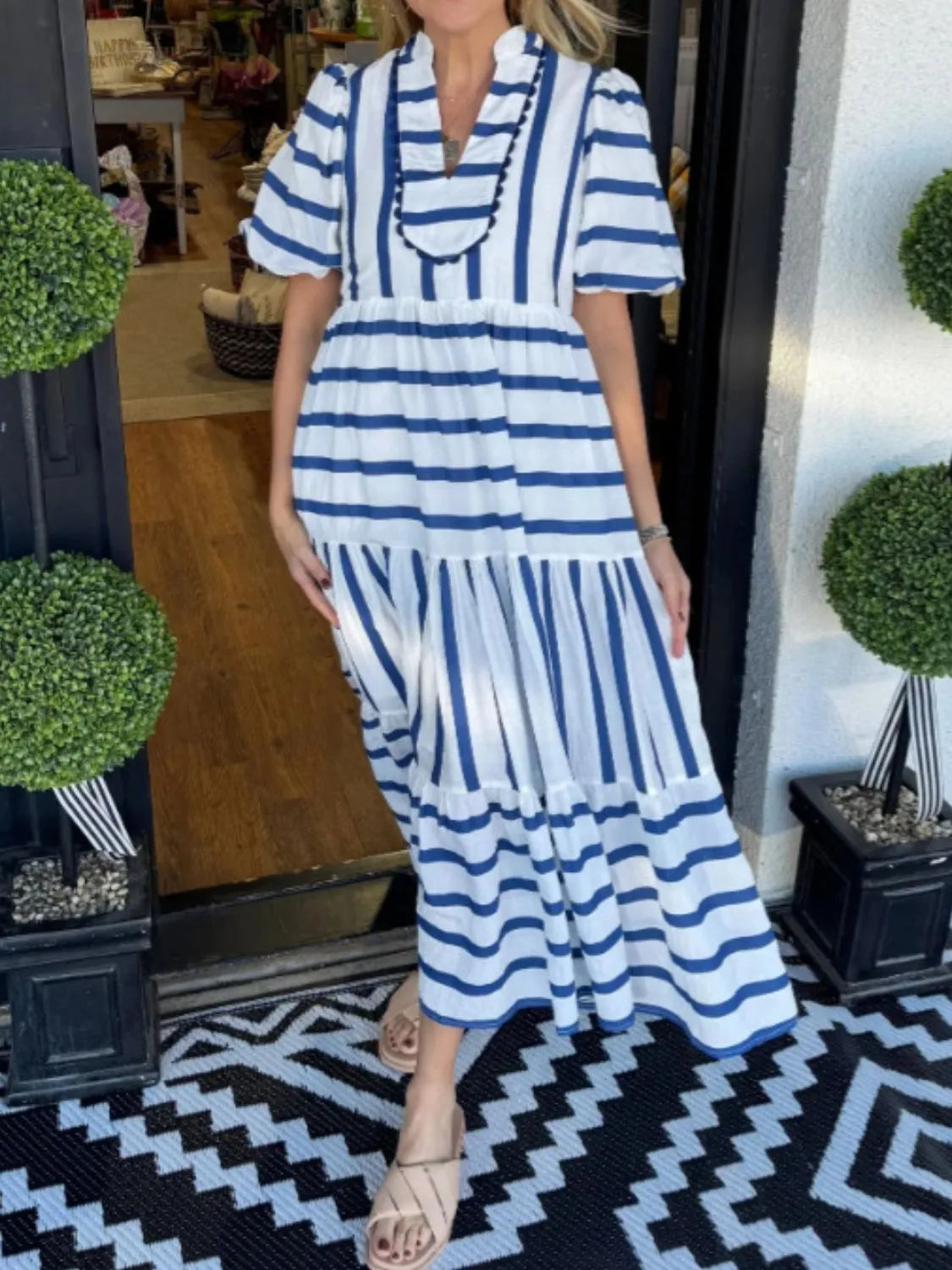 Striped Notched Puff Sleeve Midi Dress - Velora