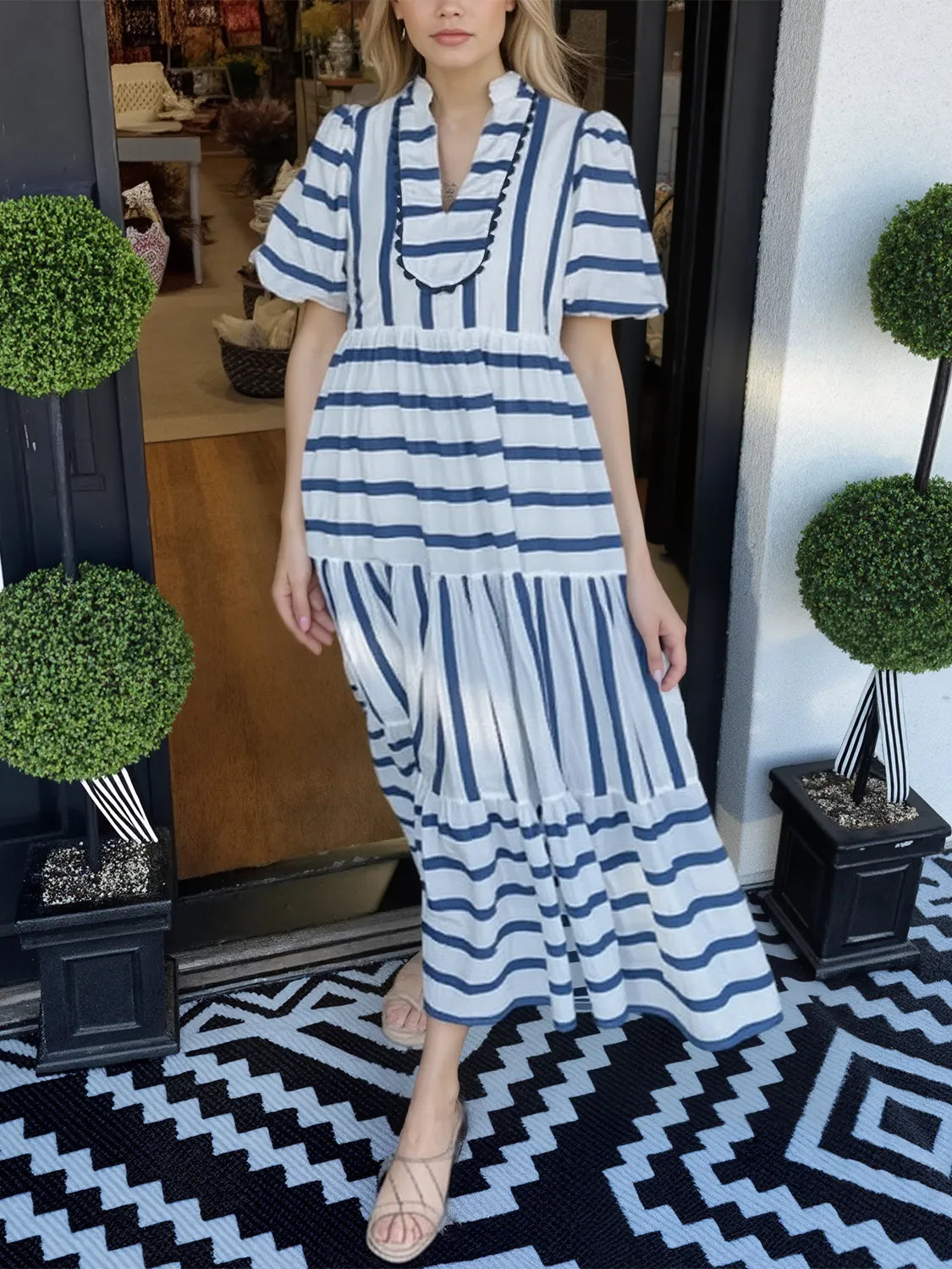 Striped Notched Puff Sleeve Midi Dress - Velora