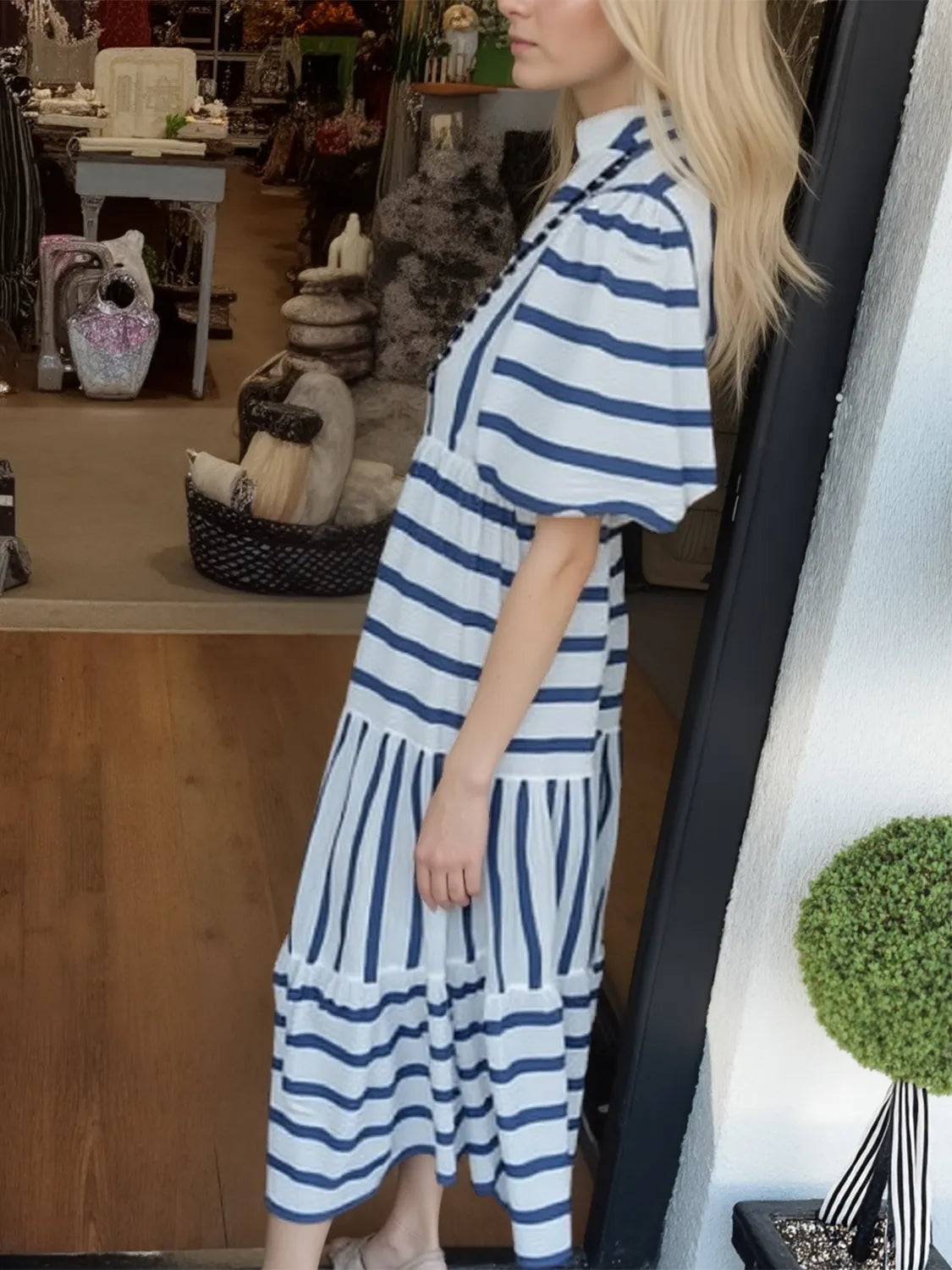 Striped Notched Puff Sleeve Midi Dress - Velora