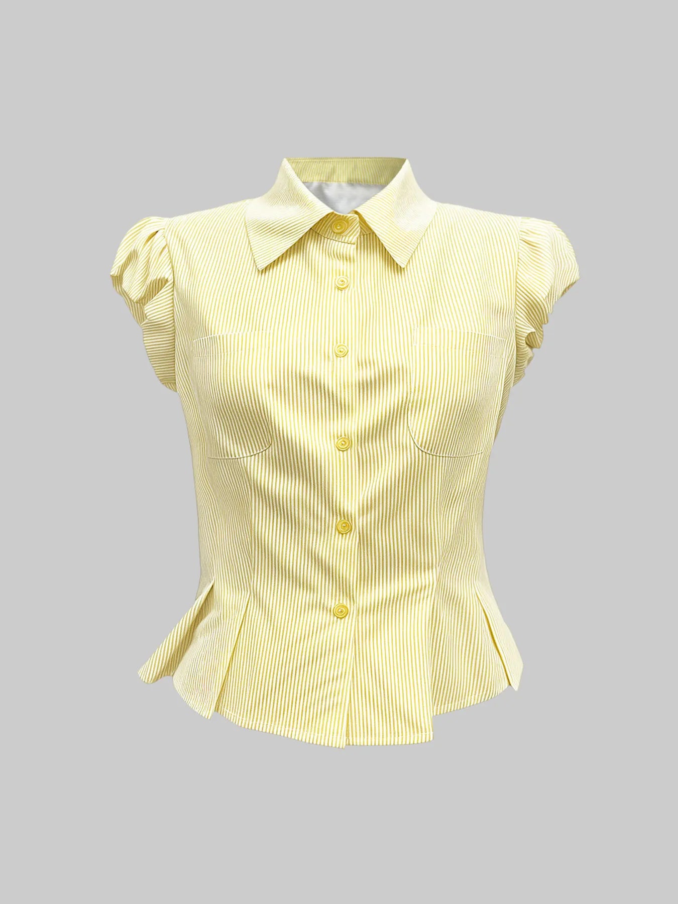 Striped Puff Sleeve Button-Up Shirt - Velora Luxury Fashion