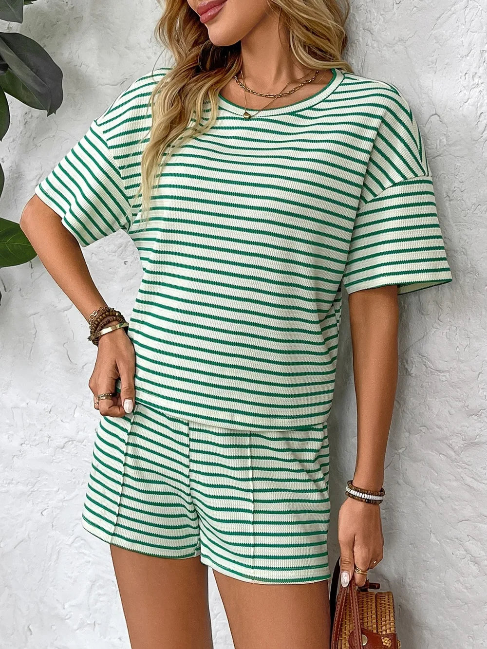 Striped Round Neck Short Sleeve Top and Shorts Set - Velora Luxury Fashion