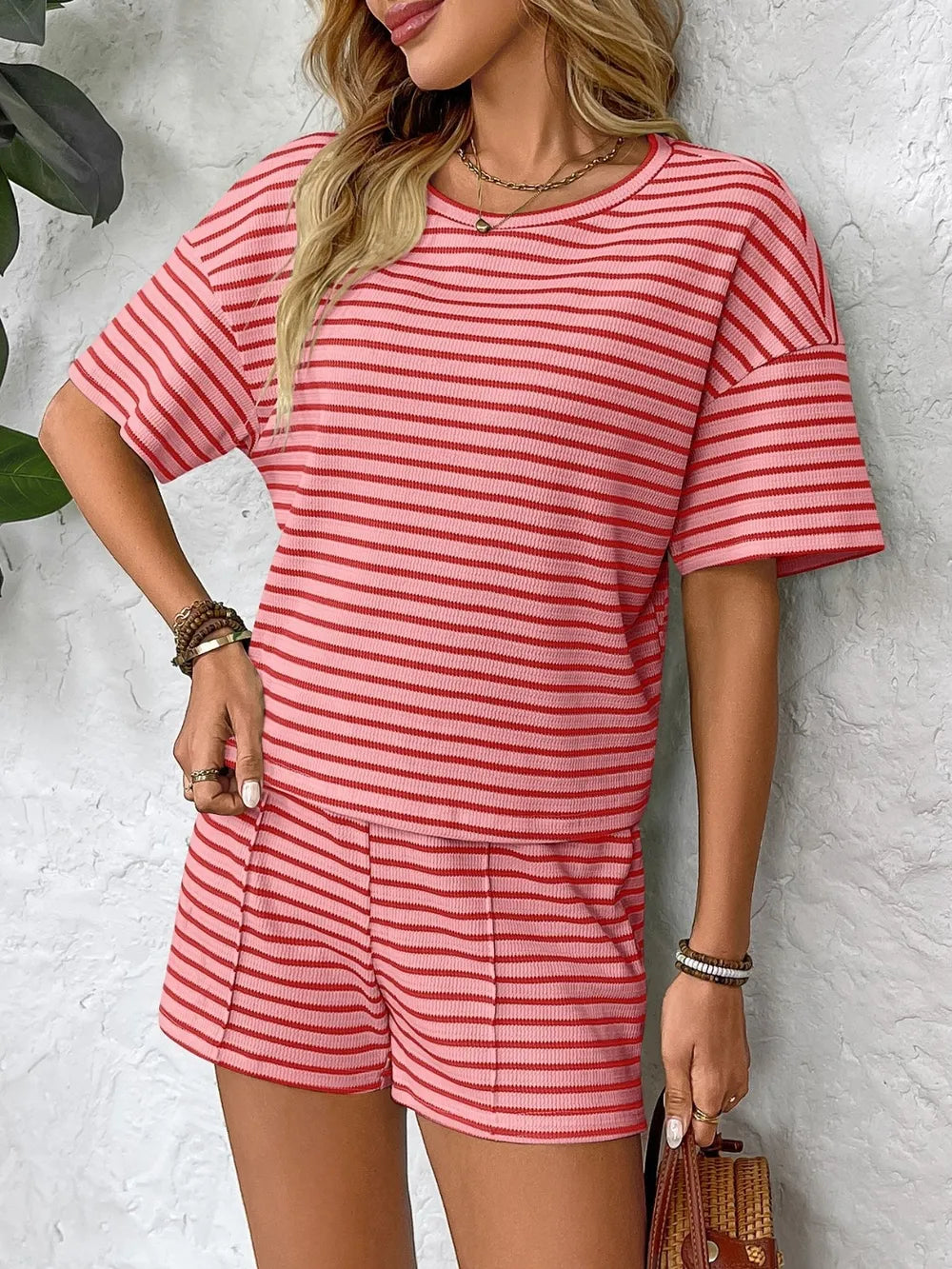 Striped Round Neck Short Sleeve Top and Shorts Set - Velora Luxury Fashion