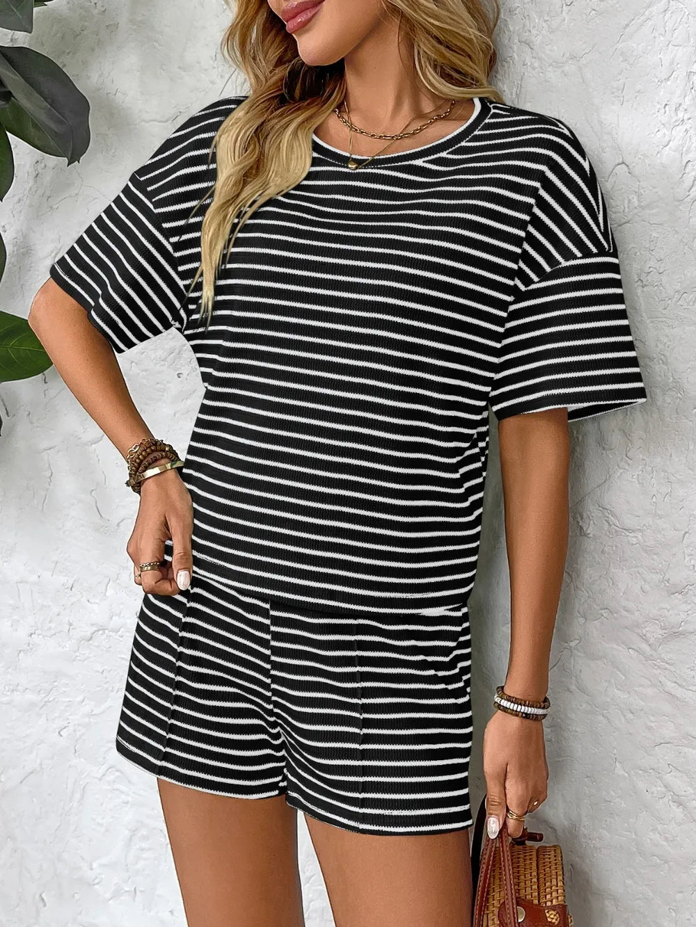 Striped Round Neck Short Sleeve Top and Shorts Set - Velora Luxury Fashion