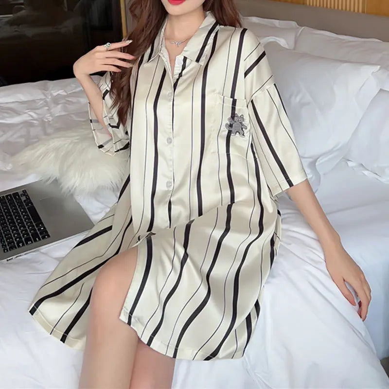 Striped Shirt Dress Short Sleeve Plus Size Loose Pajamas For Women EX-STOCK Canada