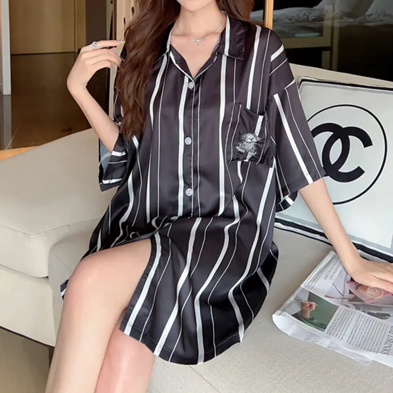 Striped Shirt Dress Short Sleeve Plus Size Loose Pajamas For Women EX-STOCK Canada