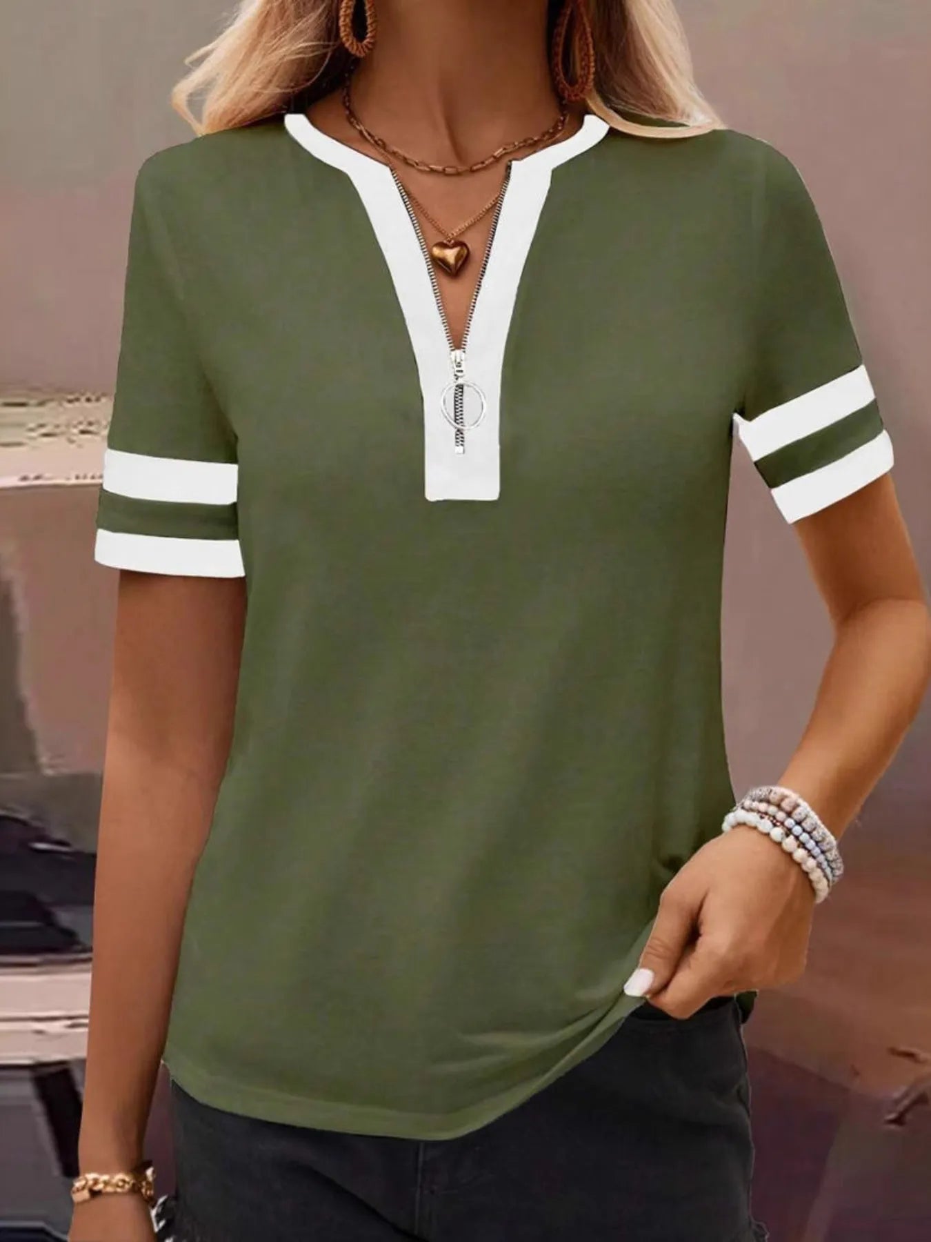 Striped Short Sleeve Half Zip Top - Velora Luxury Fashion