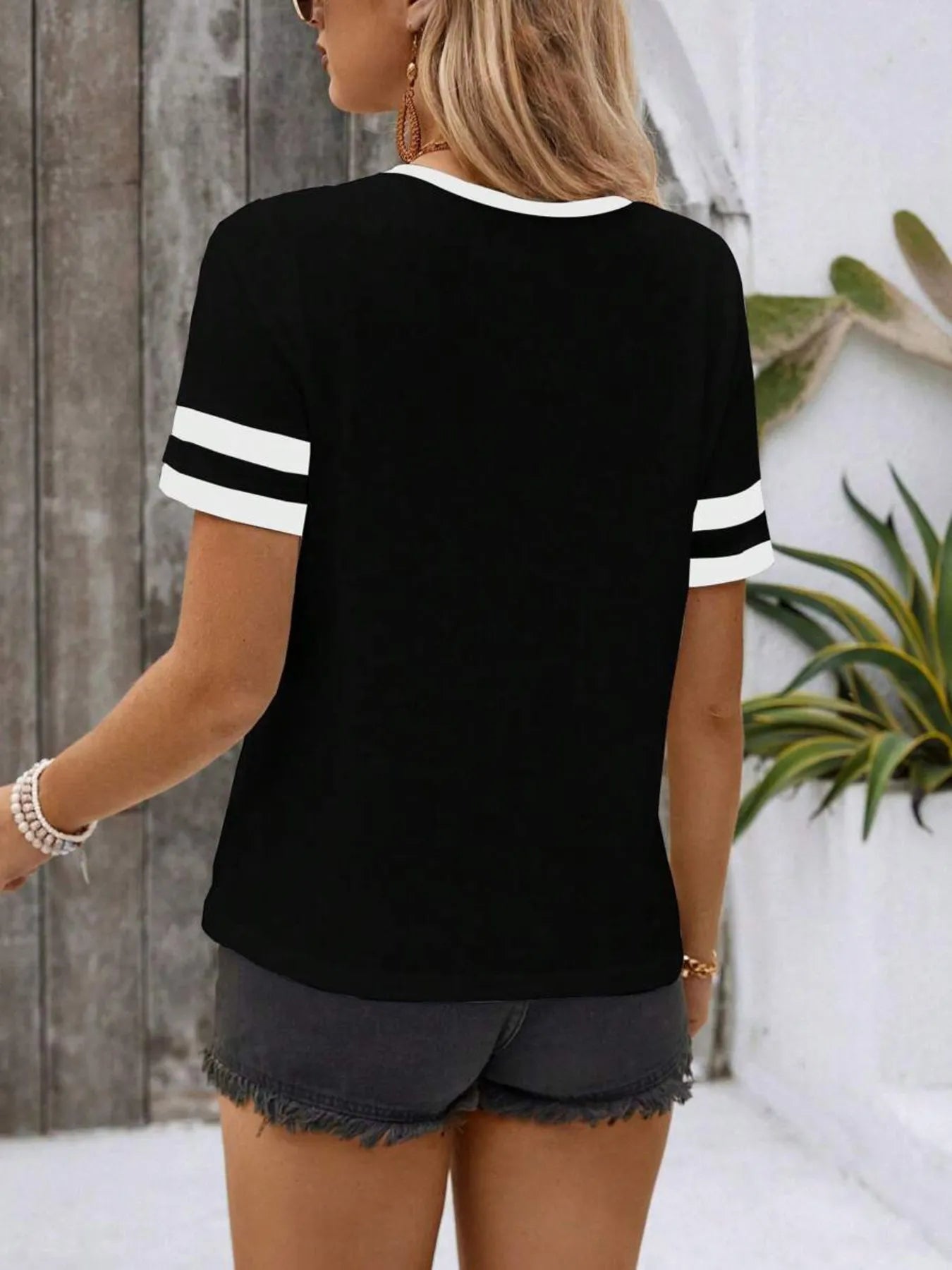 Striped Short Sleeve Half Zip Top - Velora Luxury Fashion