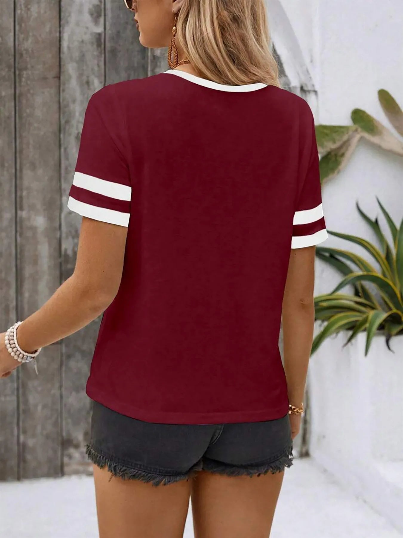 Striped Short Sleeve Half Zip Top - Velora Luxury Fashion