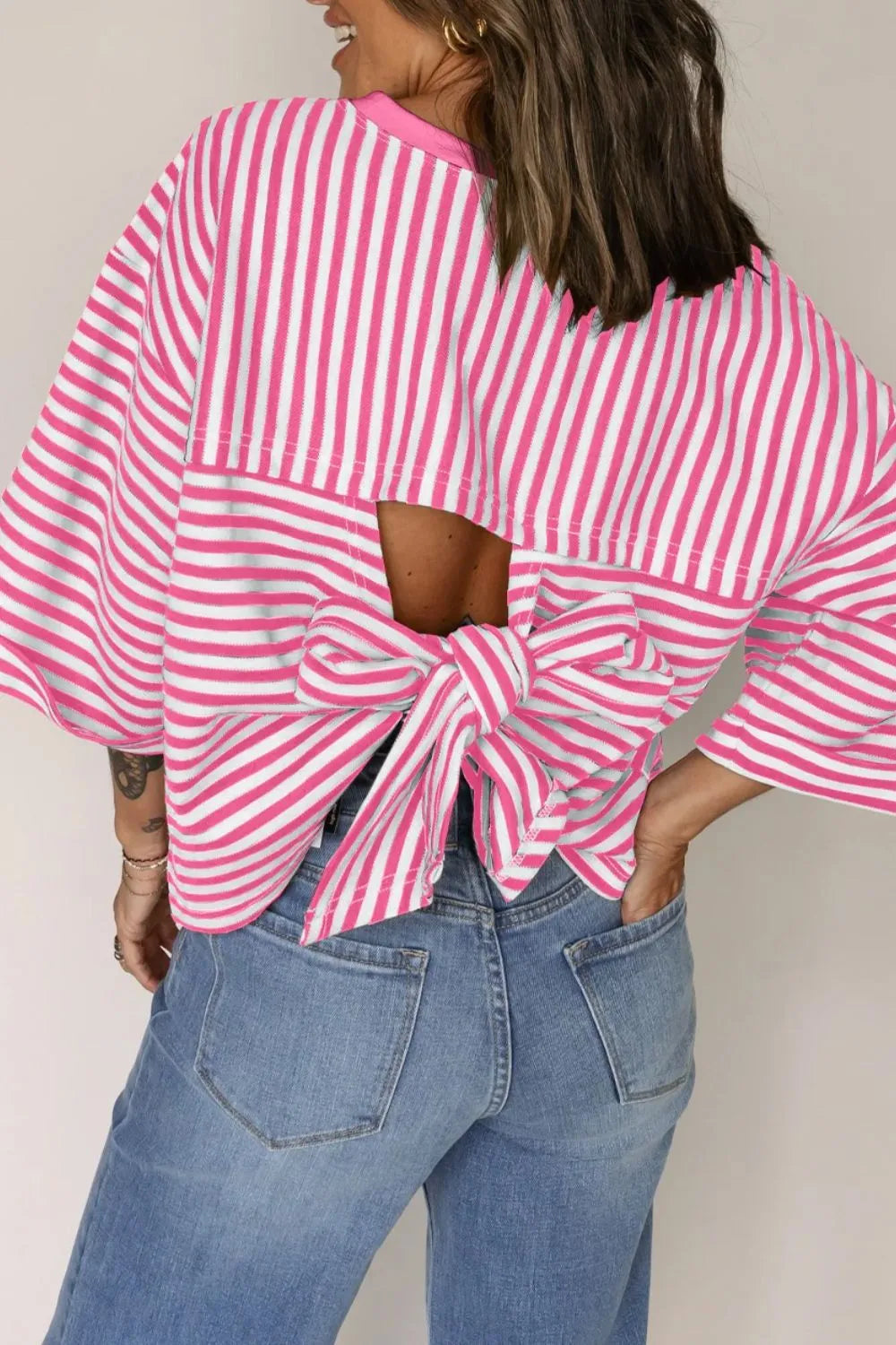 Striped Tie-Back Blouse with Cutout Detail - Velora Luxury Fashion