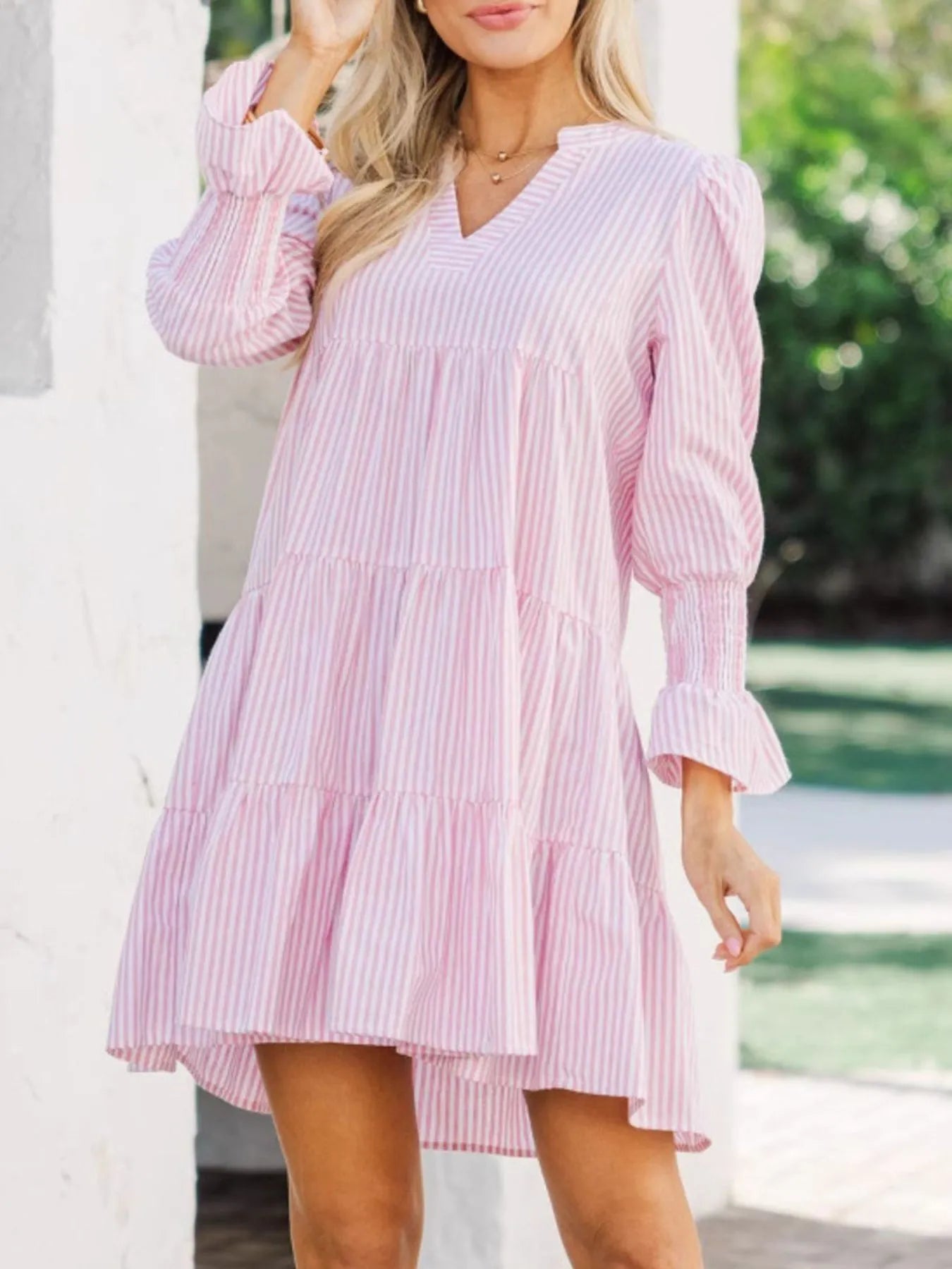 Striped Tiered Flounce Sleeve Shirt Dress - Velora Luxury Fashion