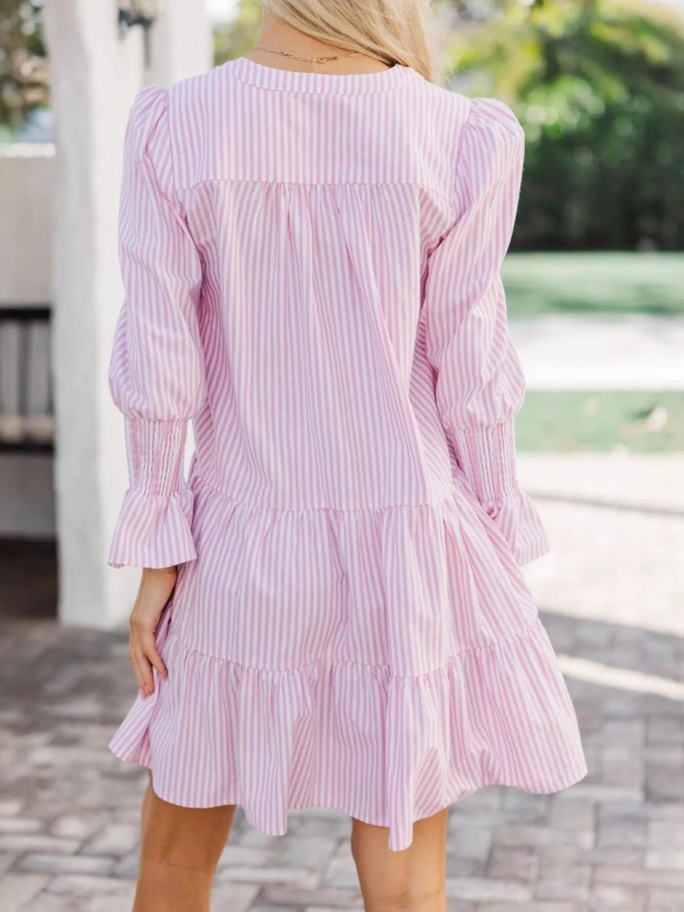 Striped Tiered Flounce Sleeve Shirt Dress - Velora Luxury Fashion