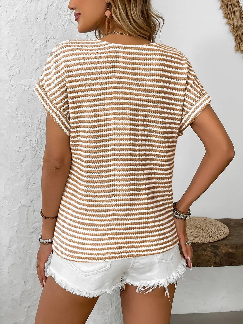 Striped V-Neck Short Sleeve T-Shirt - Velora Luxury Fashion
