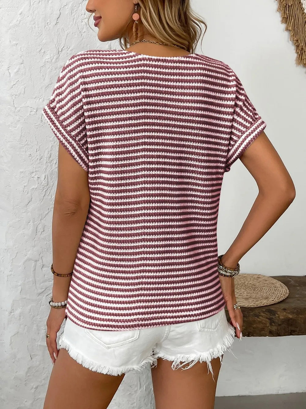 Striped V-Neck Short Sleeve T-Shirt - Velora Luxury Fashion