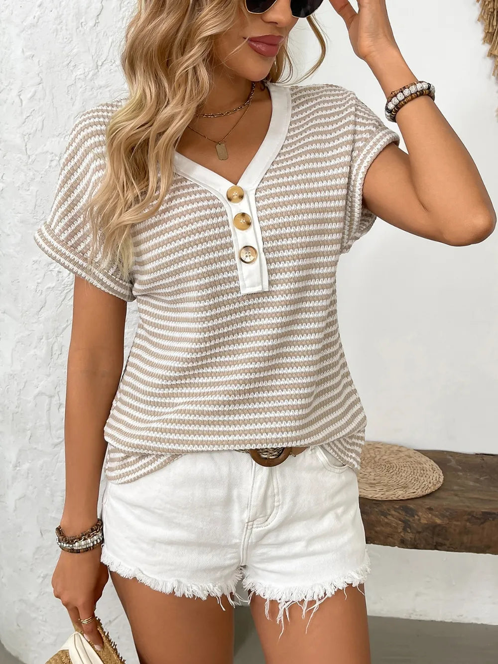 Striped V-Neck Short Sleeve T-Shirt - Velora Luxury Fashion