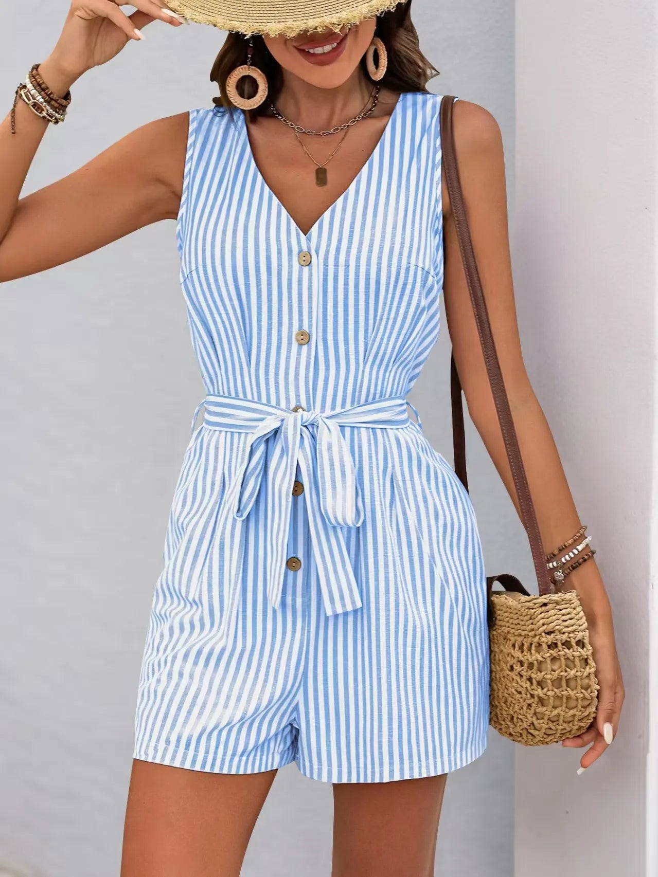Striped V-neck Button Front Belted Romper - Velora Luxury Fashion