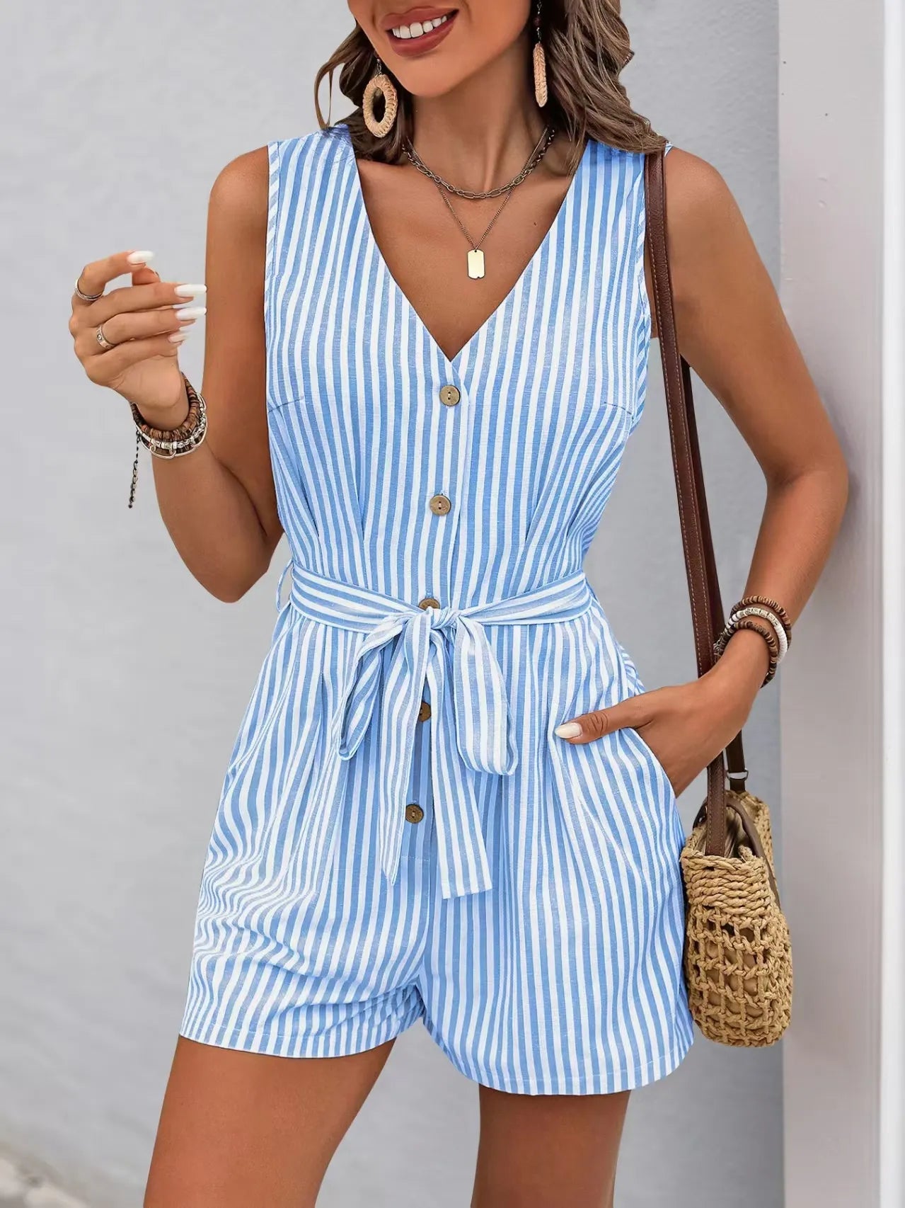 Striped V-neck Button Front Belted Romper - Velora Luxury Fashion