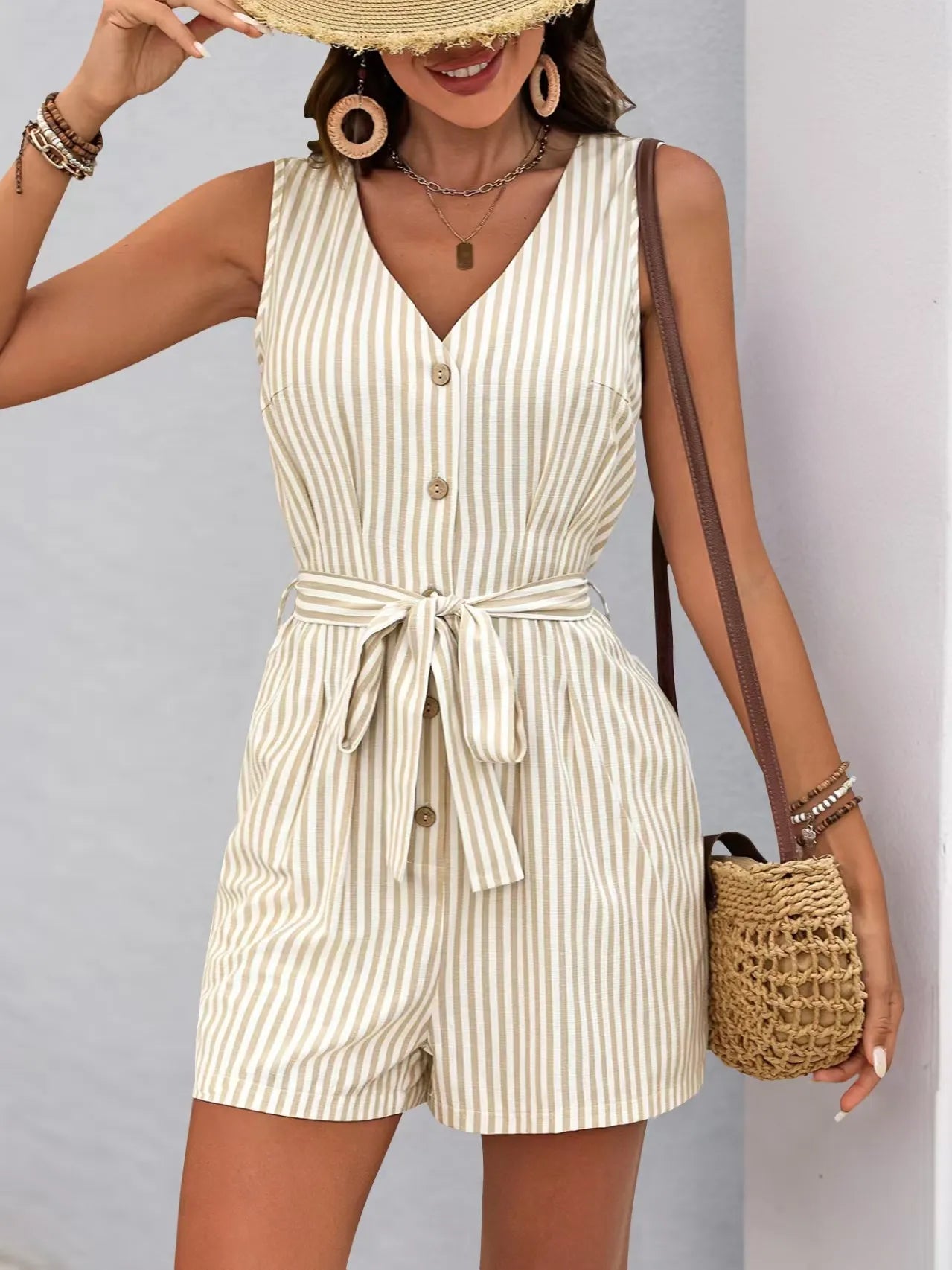 Striped V-neck Button Front Belted Romper - Velora Luxury Fashion