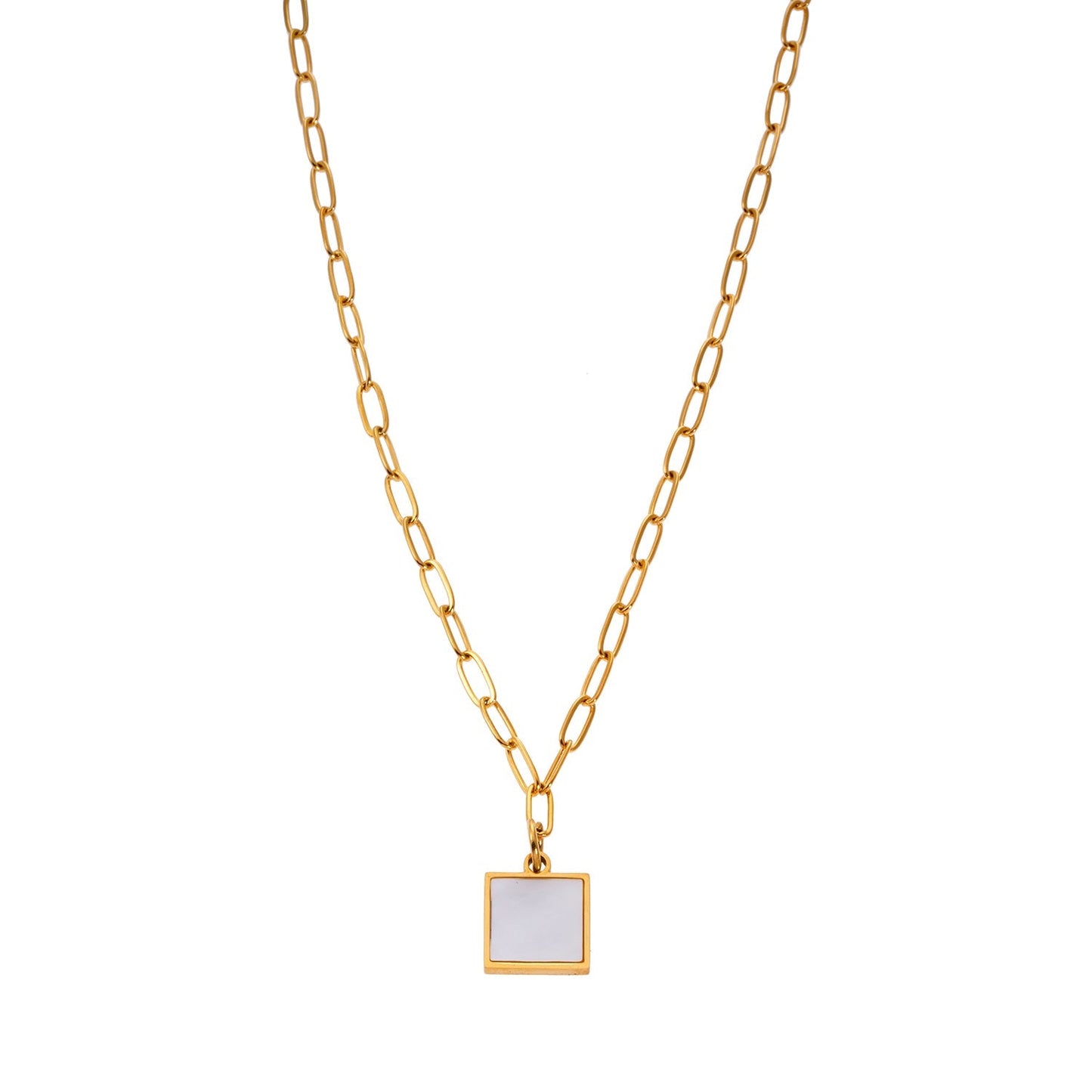 Style ANNABELLA: Minimalist Metal & Shell Square Pendant on a Paper-Clip Chain Necklace. - Velora Luxury Fashion