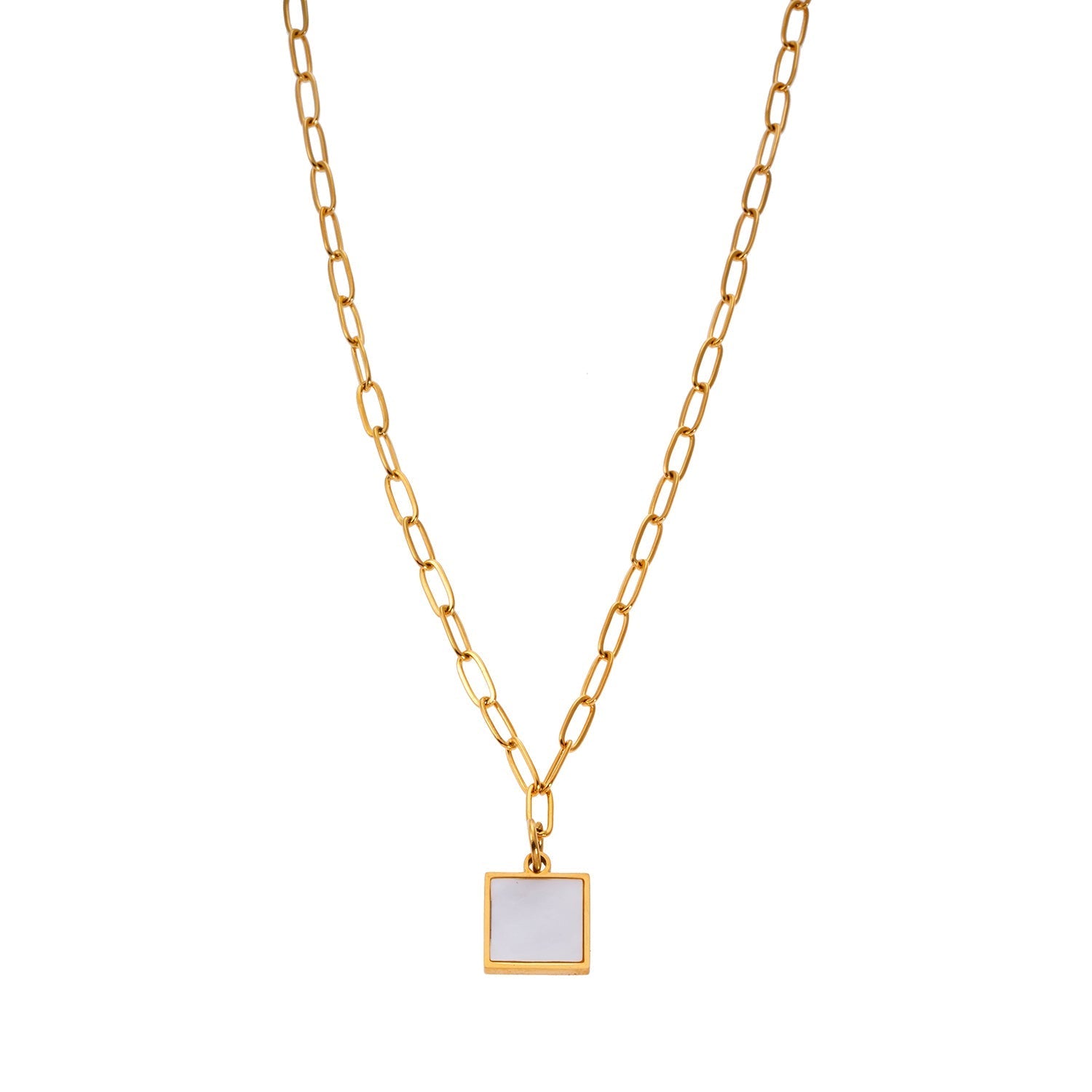Style ANNABELLA: Minimalist Metal & Shell Square Pendant on a Paper-Clip Chain Necklace. - Velora Luxury Fashion