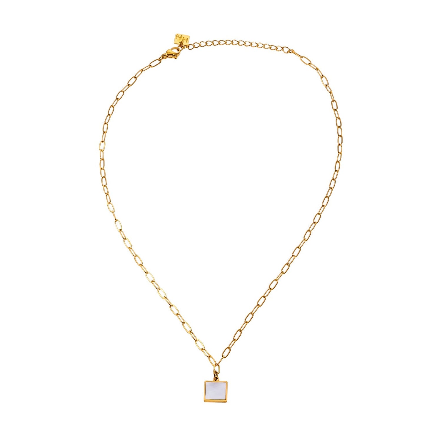 Style ANNABELLA: Minimalist Metal & Shell Square Pendant on a Paper-Clip Chain Necklace. - Velora Luxury Fashion