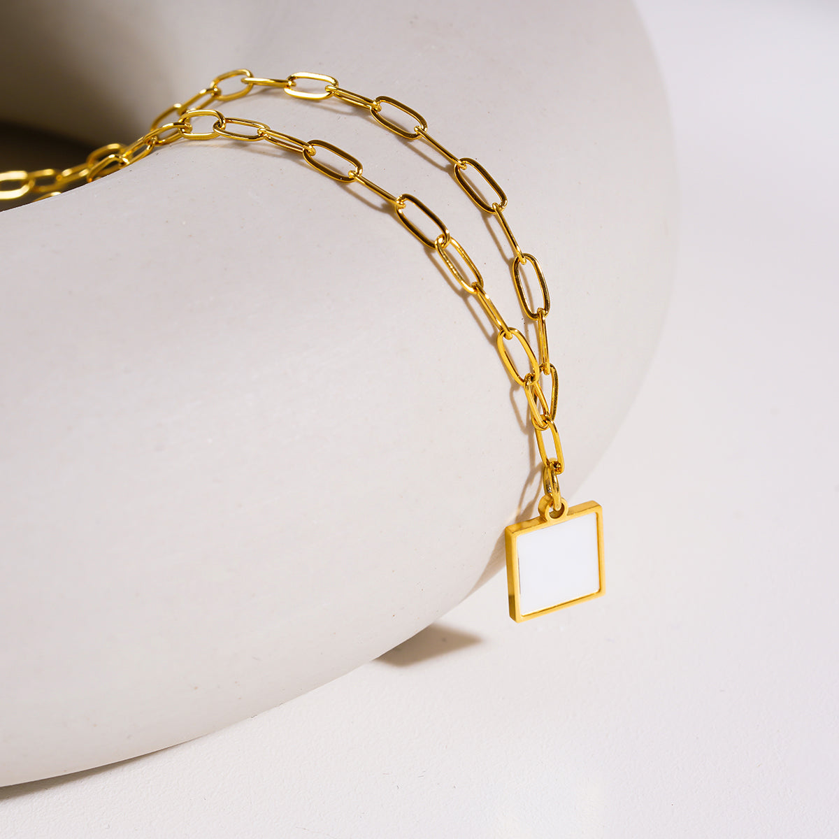 Style ANNABELLA: Minimalist Metal & Shell Square Pendant on a Paper-Clip Chain Necklace. - Velora Luxury Fashion