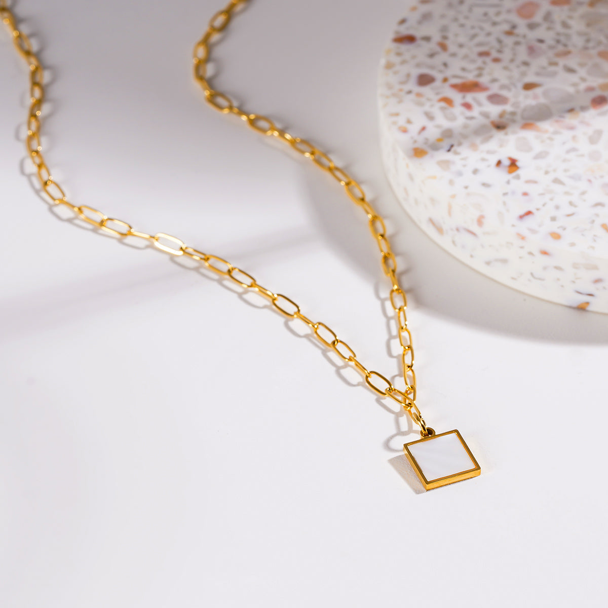 Style ANNABELLA: Minimalist Metal & Shell Square Pendant on a Paper-Clip Chain Necklace. - Velora Luxury Fashion