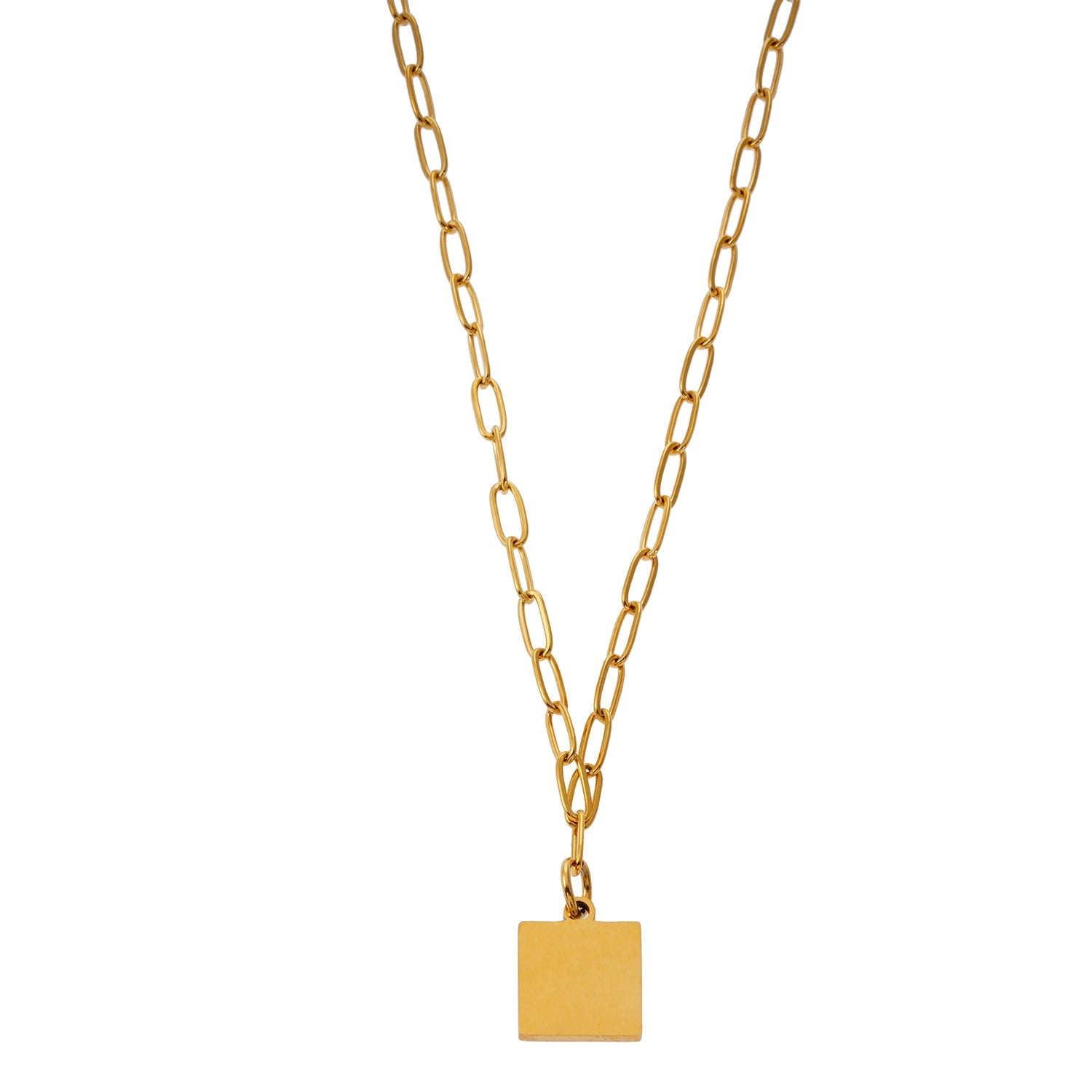 Style ANNABELLA: Minimalist Metal & Shell Square Pendant on a Paper-Clip Chain Necklace. - Velora Luxury Fashion