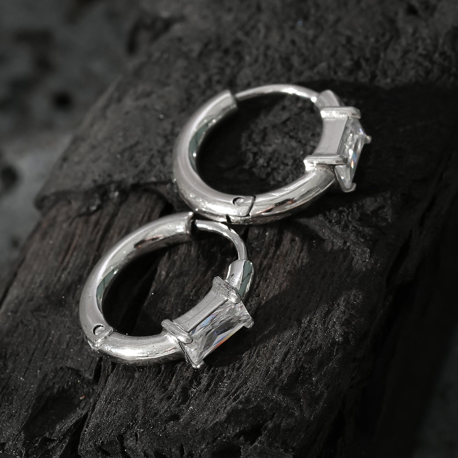 Style CONWYN: Retro Style Hoops with an Encased Clear Zirconia Charm in Silver. - Velora Luxury Fashion