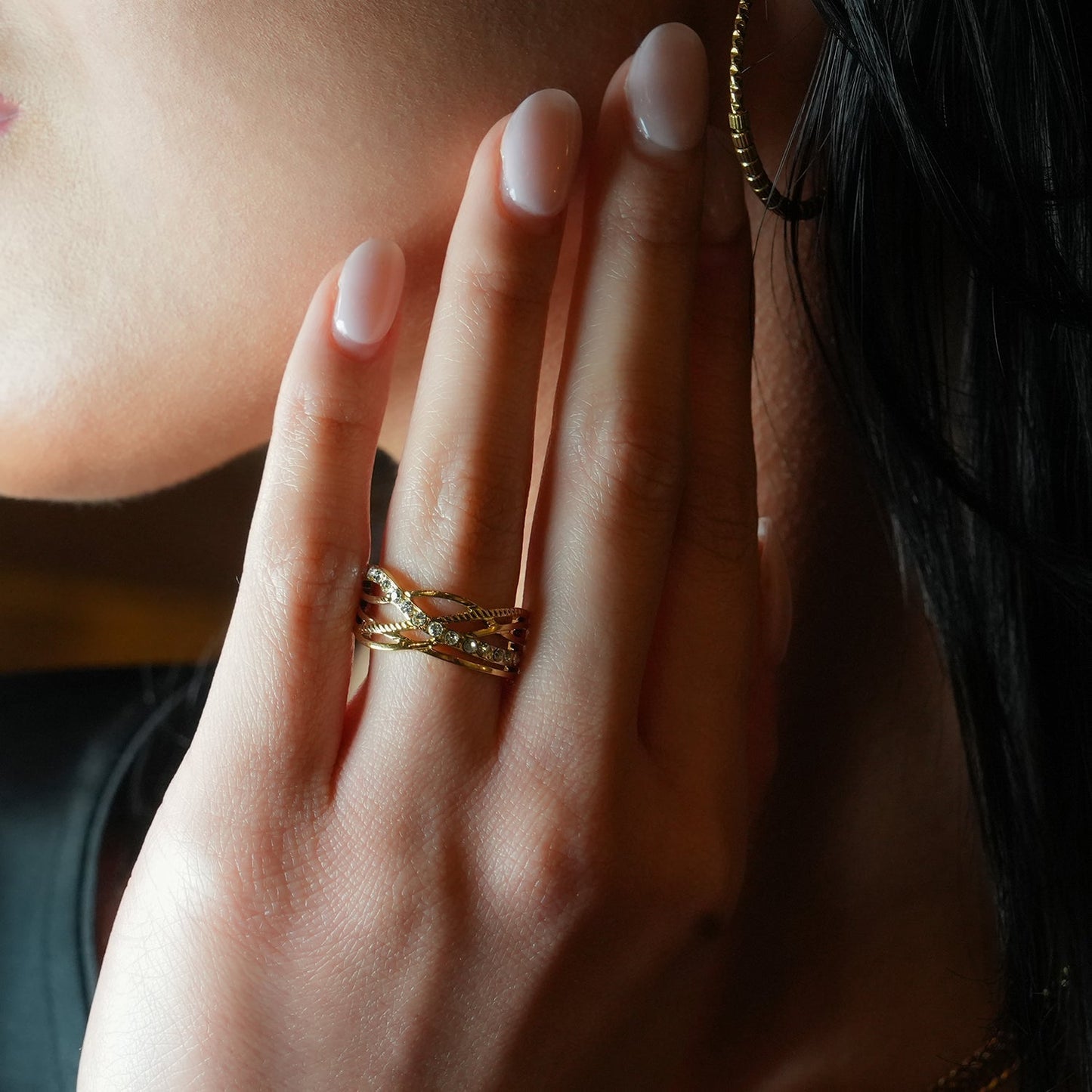 Style CORAZON: Cross Over Multi Stacked Zirconia Embedded Ring - Velora Luxury Fashion