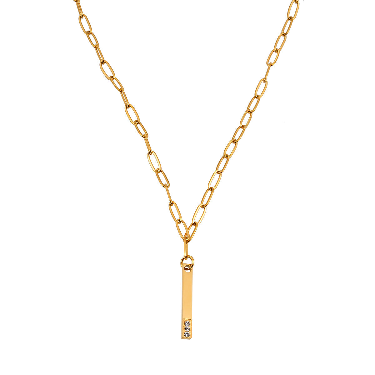 Style KORATIA: Minimalist Necklace with Paper-Clip Chain and Bar Charm Zirconia Embedded Pendant in Gold - Velora Luxury Fashion