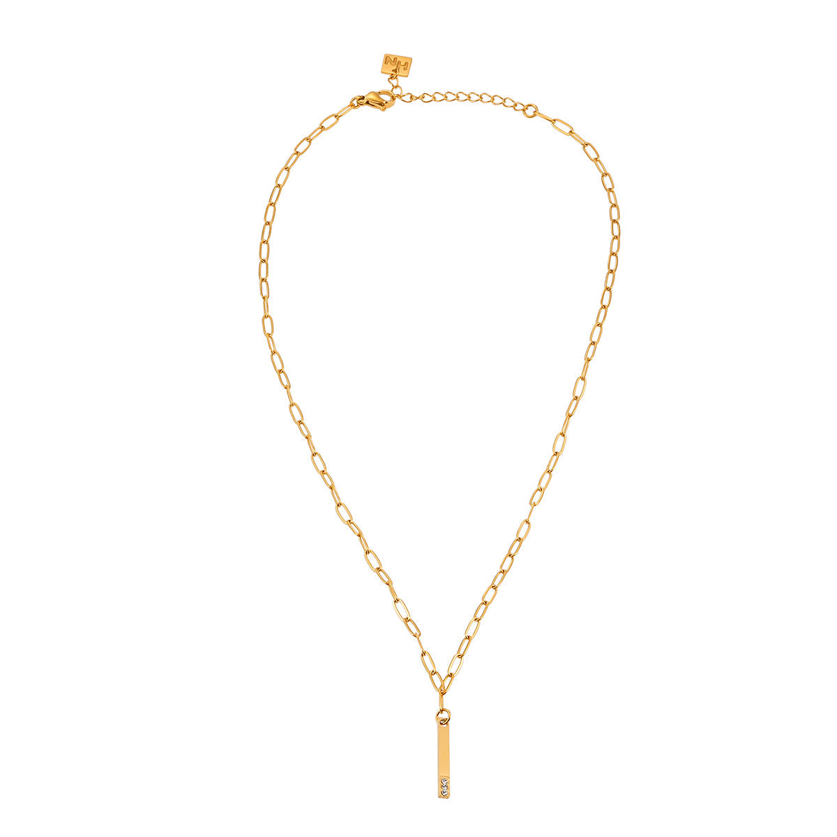 Style KORATIA: Minimalist Necklace with Paper-Clip Chain and Bar Charm Zirconia Embedded Pendant in Gold - Velora Luxury Fashion