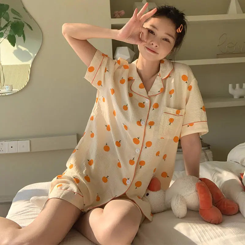 Summer Japanese Bubble Cotton Cute Orange Pajamas For Women EX-STOCK Canada