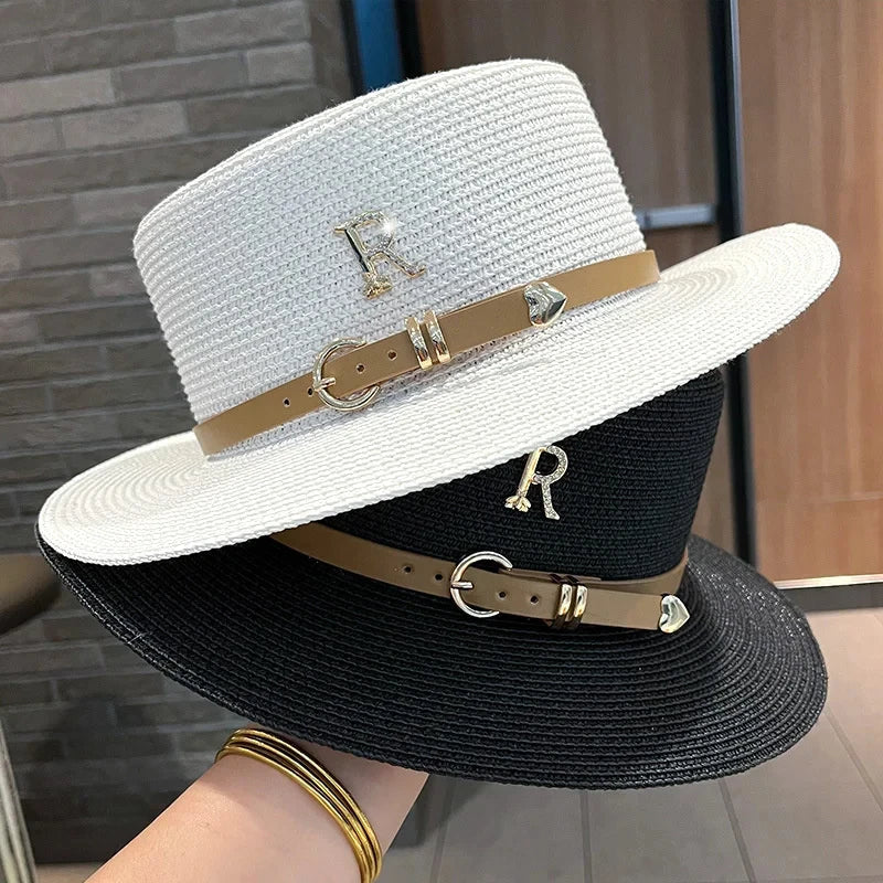 Summer Sun Hat Flat Top Straw Hats for Women New Metal R Letter Fashionable Beach Sun Hat Females Travel Holidays Boater Hat - Velora Luxury Fashion