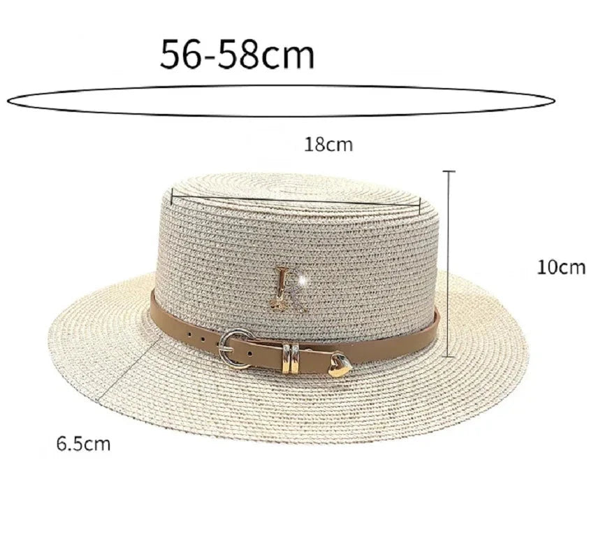 Summer Sun Hat Flat Top Straw Hats for Women New Metal R Letter Fashionable Beach Sun Hat Females Travel Holidays Boater Hat - Velora Luxury Fashion