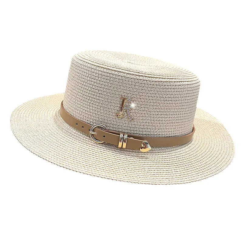 Summer Sun Hat Flat Top Straw Hats for Women New Metal R Letter Fashionable Beach Sun Hat Females Travel Holidays Boater Hat - Velora Luxury Fashion
