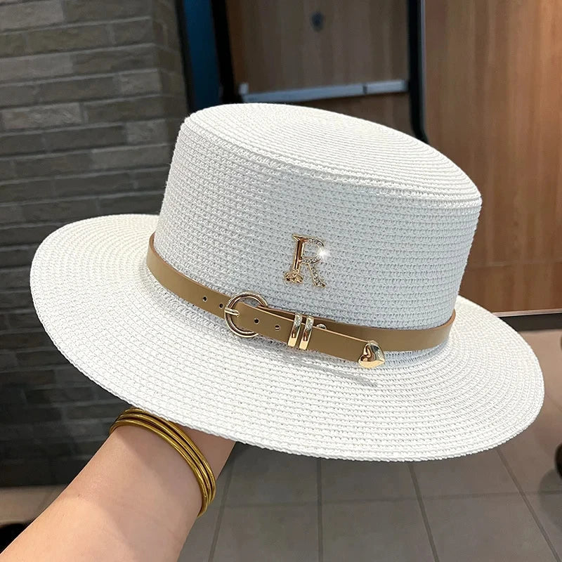 Summer Sun Hat Flat Top Straw Hats for Women New Metal R Letter Fashionable Beach Sun Hat Females Travel Holidays Boater Hat - Velora Luxury Fashion