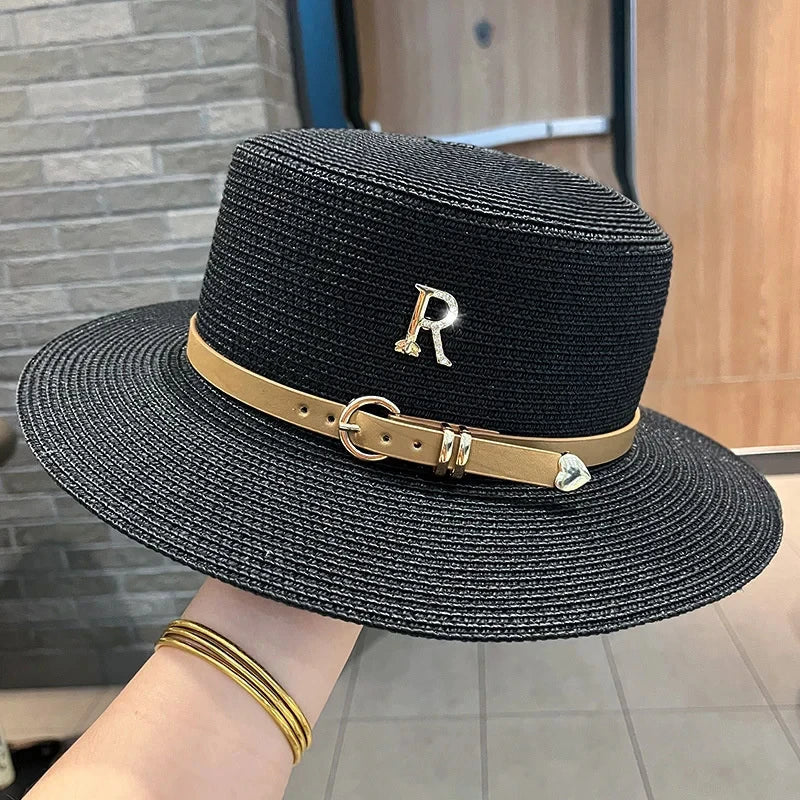Summer Sun Hat Flat Top Straw Hats for Women New Metal R Letter Fashionable Beach Sun Hat Females Travel Holidays Boater Hat - Velora Luxury Fashion