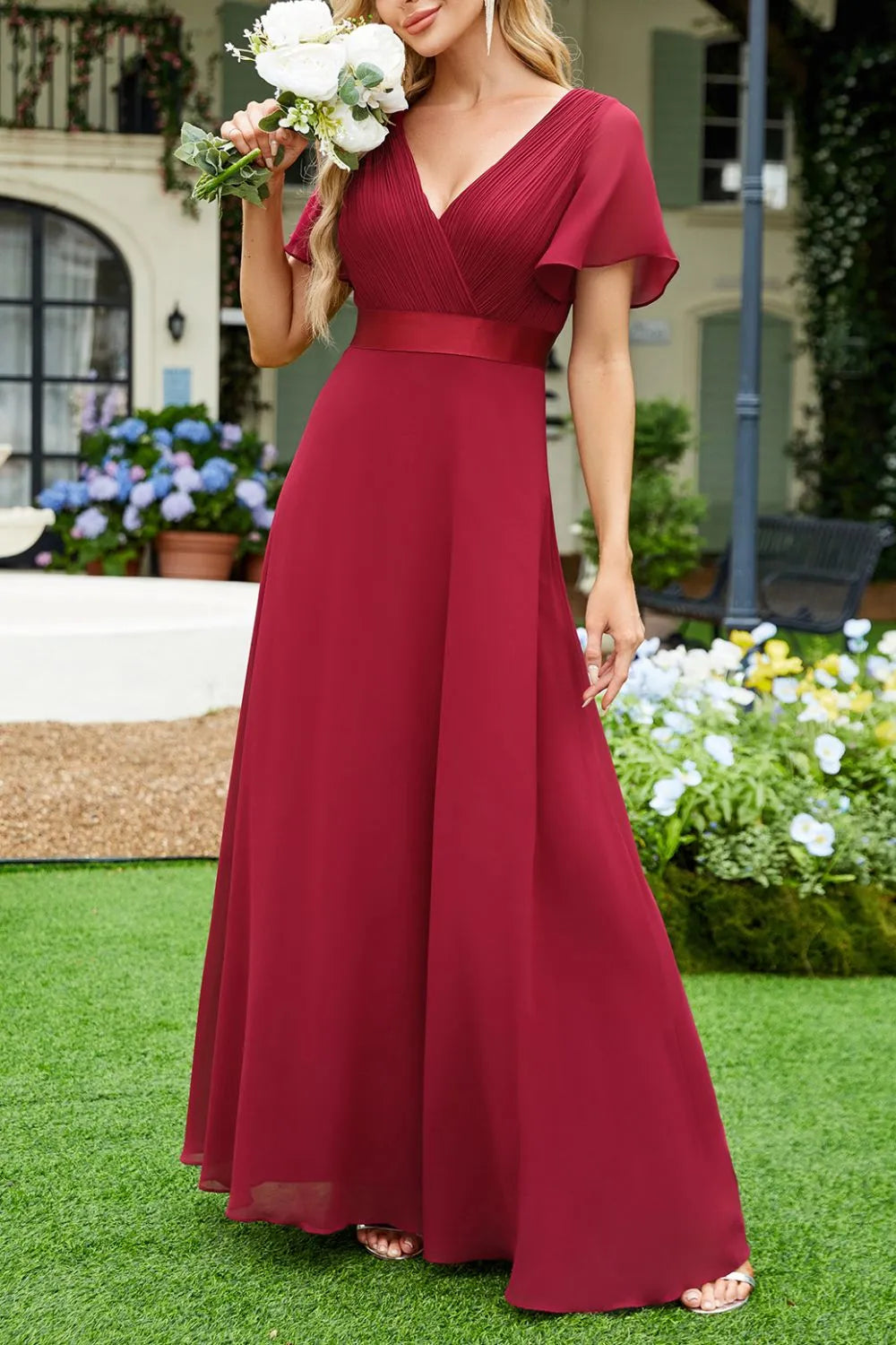 Surplice Flutter Sleeve Maxi Dress - Velora Luxury Fashion