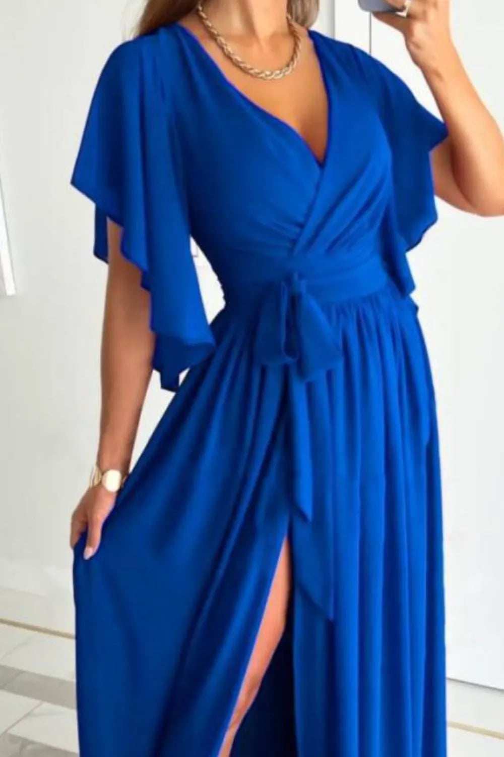Surplice Flutter Sleeve Maxi Dress - Velora Luxury Fashion