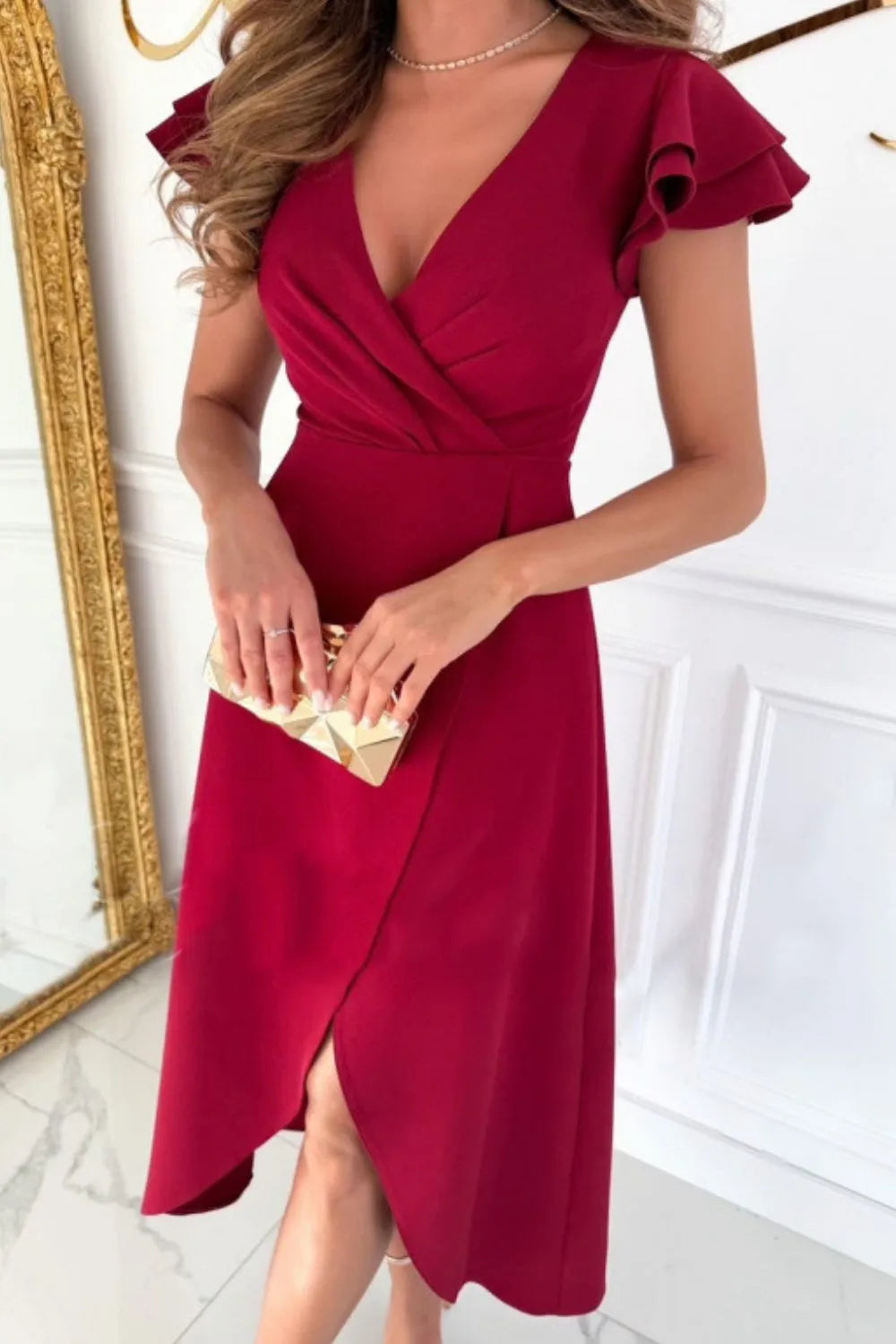 Surplice Ruffled Cap Sleeve Zip Back Dress - Velora