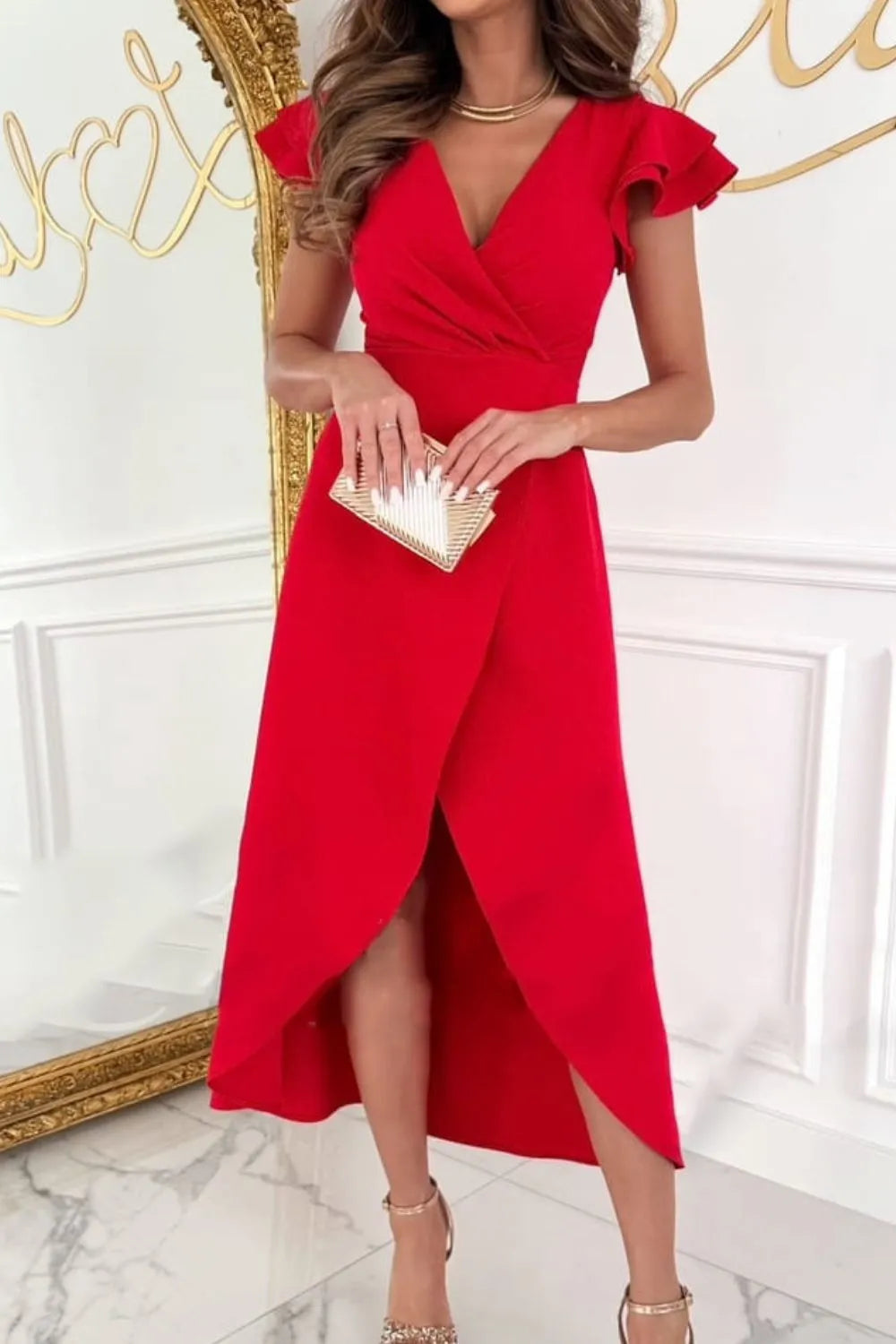 Surplice Ruffled Cap Sleeve Zip Back Dress - Velora Luxury Fashion